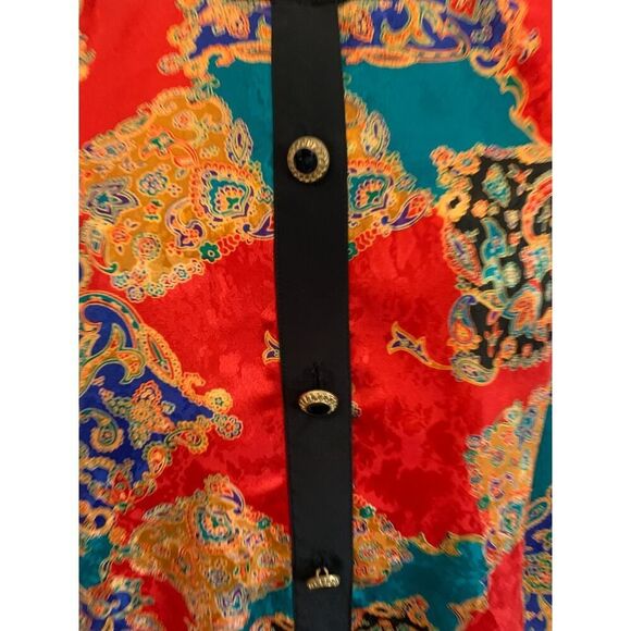 VTG Notations Versace Look Jacket Top 16W Red Satin Abstract Ornate Button Crop - Picture 7 of 16